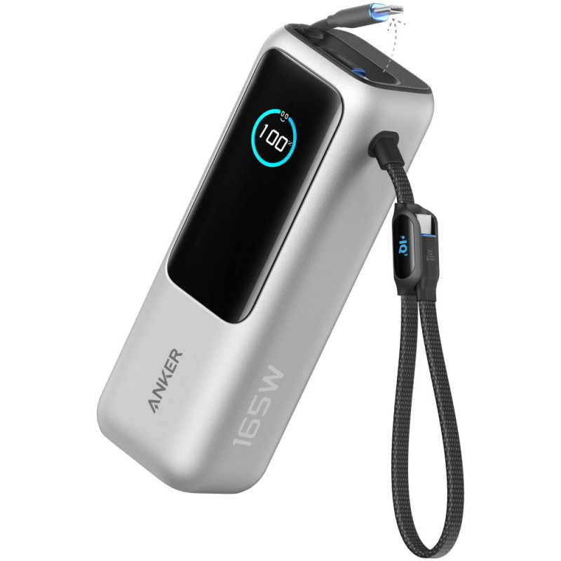 Anker Powerbanka/ 25000mAh/ 165W/ integrovaný USB-C a zasouvací kabel/ stříbrná