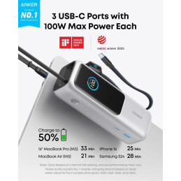 Anker Powerbanka/ 25000mAh/ 165W/ integrovaný USB-C a zasouvací kabel/ stříbrná