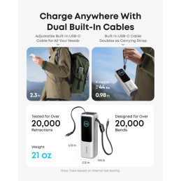 Anker Powerbanka/ 25000mAh/ 165W/ integrovaný USB-C a zasouvací kabel/ stříbrná