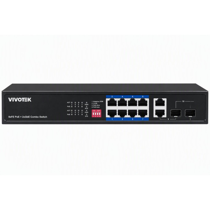 Vivotek AW-FGT-100P-110 Switch, 8× FE PoE + 2× GE Combo, 802.3af/at, PoE 110W, dosah až 250 m, nemanagovaný