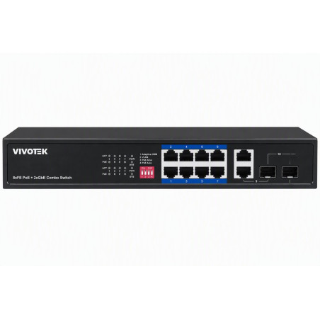 Vivotek AW-FGT-100P-110 Switch, 8× FE PoE + 2× GE Combo, 802.3af/at, PoE 110W, dosah až 250 m, nemanagovaný