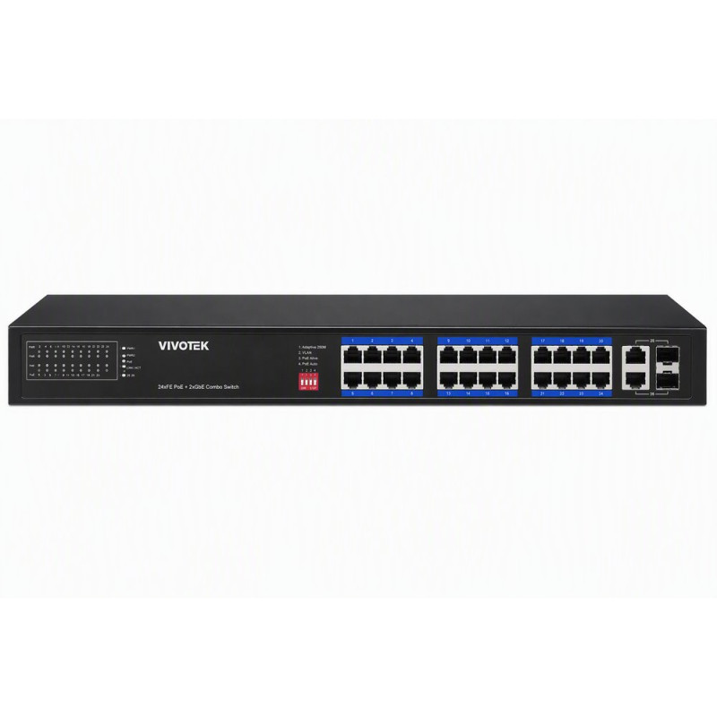 Vivotek AW-FGT-180P-250 Switch, 16× FE PoE + 2× GE Combo, 802.3af/at, PoE 250W, až 250 m, nemanagovaný