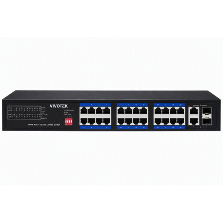 Vivotek AW-FGT-260P-370 Switch, 24× FE PoE + 2× GE Combo, 802.3af/at, PoE 370W, až 250 m, nemanagovaný