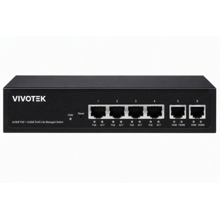 Vivotek AW-GEL-065A-060 Lite Switch, 4× GE PoE + 2× GE, 802.3af/at, PoE 60W, VLAN, dosah 250 m, managed