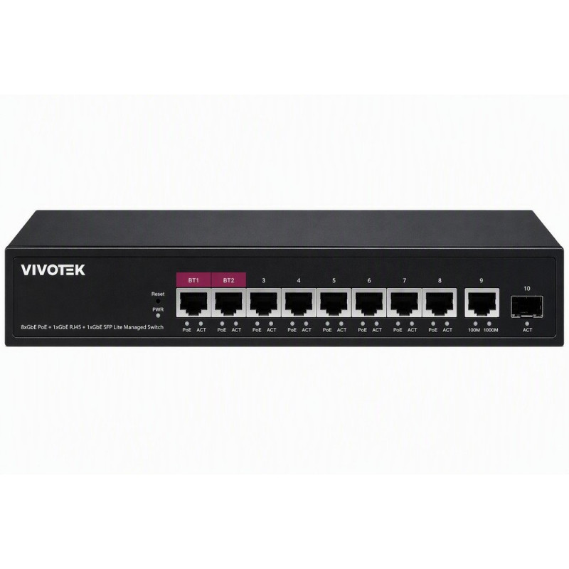 Vivotek AW-GEL-105A-110 Lite Switch, 8× GE PoE + GE + SFP, af/at/bt, PoE 110W, VLAN, dosah 250 m, managed