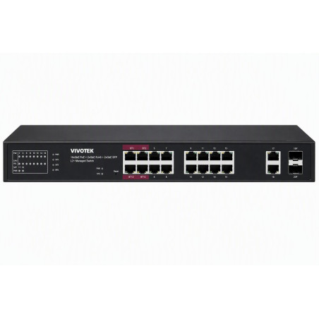 Vivotek AW-GEL-205A-260 Lite Switch, 16× GE PoE + 2× GE + 2× SFP, af/at/bt, PoE 260W, dosah 250 m, managed