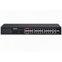 Vivotek AW-GEL-285A-380 Lite Switch, 24× GE PoE + 2× GE + 2× SFP, af/at/bt, PoE 380W, dosah 250 m, managed