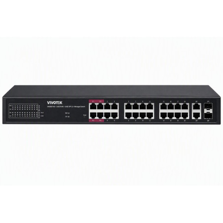 Vivotek AW-GEL-285A-380 Lite Switch, 24× GE PoE + 2× GE + 2× SFP, af/at/bt, PoE 380W, dosah 250 m, managed