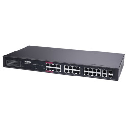 Vivotek AW-GEL-285A-380 Lite Switch, 24× GE PoE + 2× GE + 2× SFP, af/at/bt, PoE 380W, dosah 250 m, managed