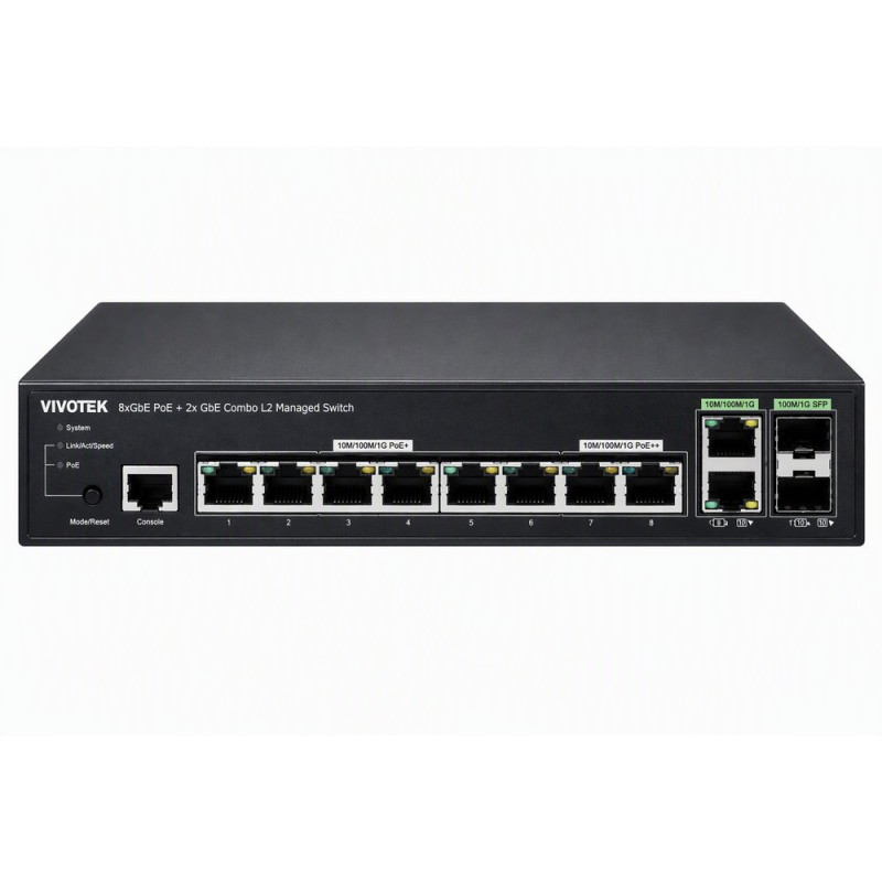 Vivotek AW-GEV-108A-130 Switch, 8× GE PoE + 2× GE/SFP Combo, 802.3af/at, PoE 130W, managed