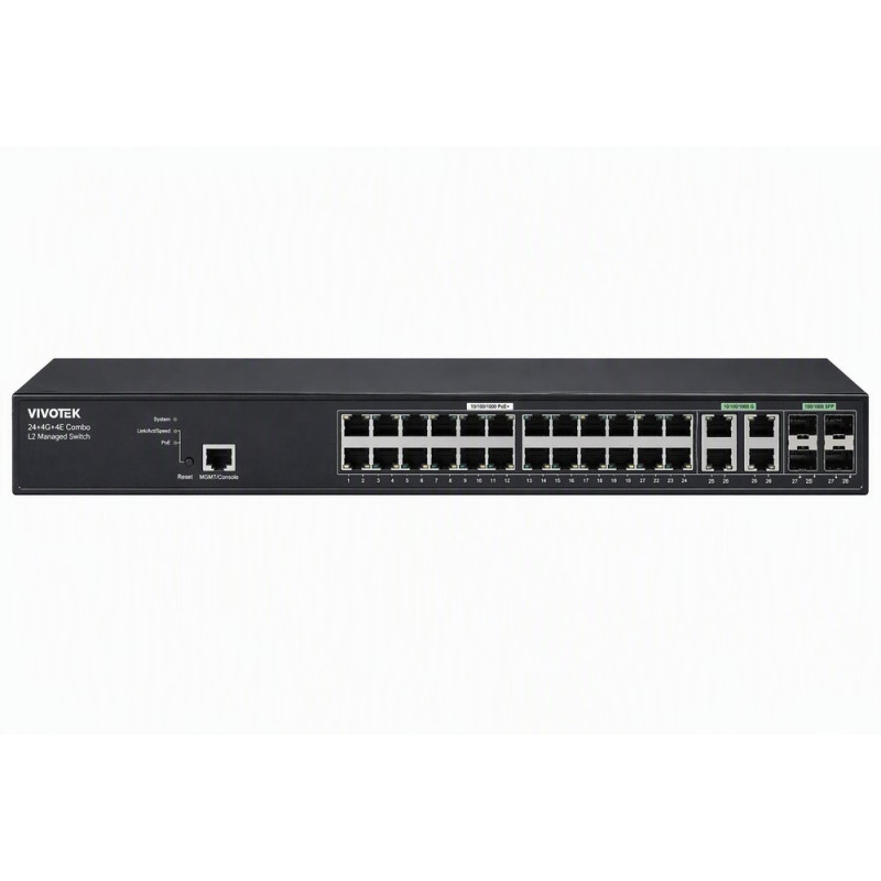 Vivotek AW-GEV-288A-370 Switch, 24× GE PoE + 4× GE/SFP Combo, 802.3af/at, PoE 370W, managed