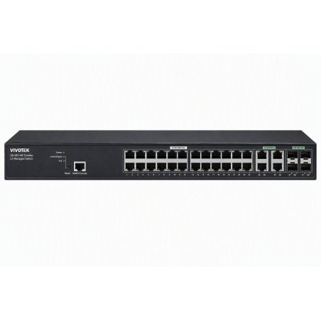 Vivotek AW-GEV-288A-370 Switch, 24× GE PoE + 4× GE/SFP Combo, 802.3af/at, PoE 370W, managed