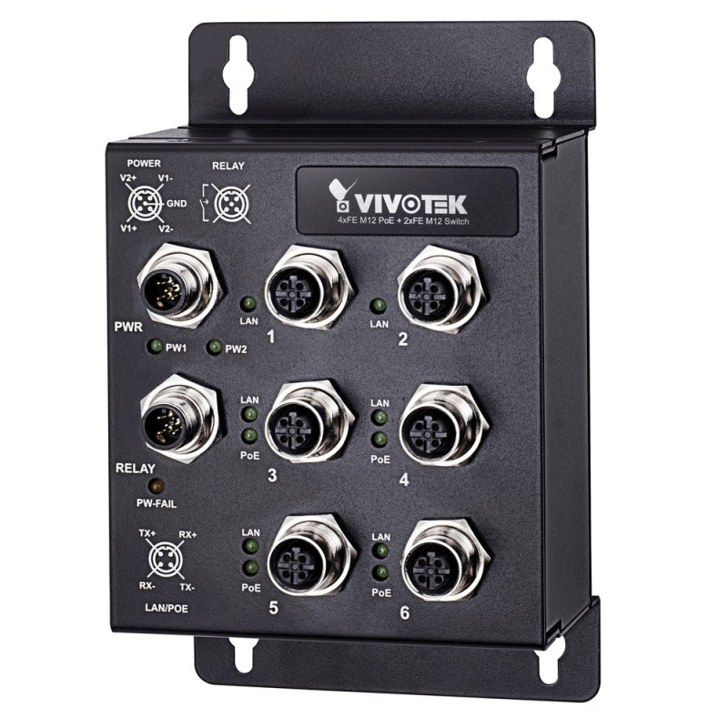 Vivotek AW-IHT-0602 průmyslový PoE Switch, 4× FE M12 PoE + 2× FE M12, af/at, 120 W, -40 až 75 °C