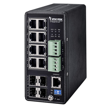 Vivotek AW-IHT-1271 průmyslový PoE Switch, Gigabit Ethernet, SFP uplinky, DIN, -40 až 75 °C, managed