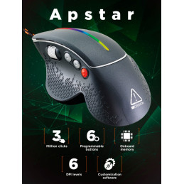 CANYON Herní myš APSTAR, 6 programovatelných tlačítek, senzor Sunplus, až 6400 DPI, opletený kabel,RGB podsvícení, šedá