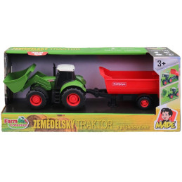 Traktor s přívěsem, na setrvačník, se světlem a zvukem, na baterie, 1:32, 30 cm
