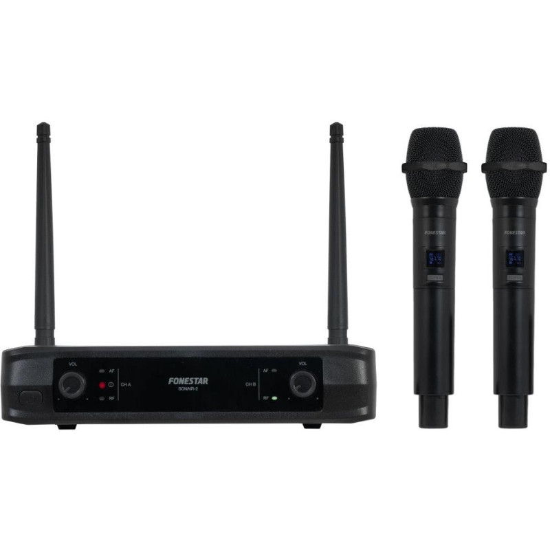 Fonestar Duální UHF mikrofonní set, 2× ruční Mic, fixní frekvence, dosah 30 m, XLR/Jack výstup, latence 3 ms