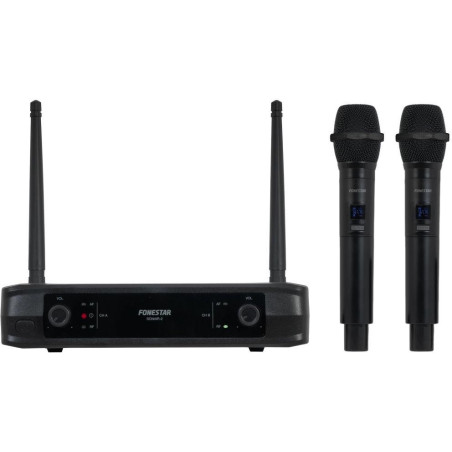 Fonestar Duální UHF mikrofonní set, 2× ruční Mic, fixní frekvence, dosah 30 m, XLR/Jack výstup, latence 3 ms