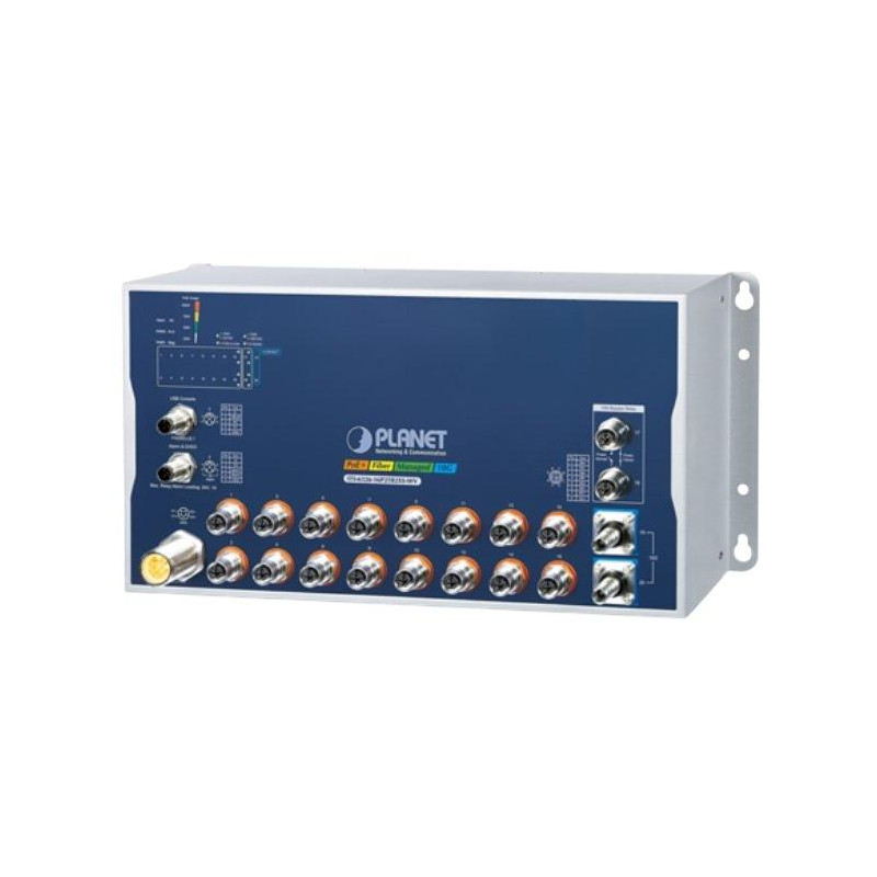 Planet Průmyslový PoE switch 16x Gb 802.3at, 2x 10 Gb, M12 konektory, 2x 10G Q-ODC, IP50, -40+70°C, 24-110 VDC