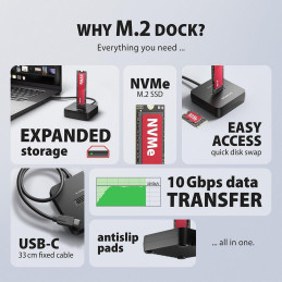 AXAGON dockovací stanice 1x M.2 NVMe SSD / ADSA-M2C11L / USB-C / USB 3.2 Gen2 / kabel 30cm USB-C na USB-C
