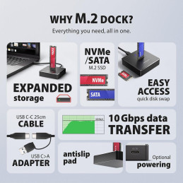 AXAGON dockovací stanice 1x M.2 NVMe SSD / ADSA-M2C11 / USB-C / USB 3.2 Gen2 / kabel 25cm USB-C na USB-C