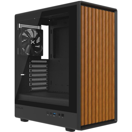 Krux skříň Heliora / ATX / 120mm fan / USB3.0 / USB-C / zaoblená / dřevěný design panelu / černá