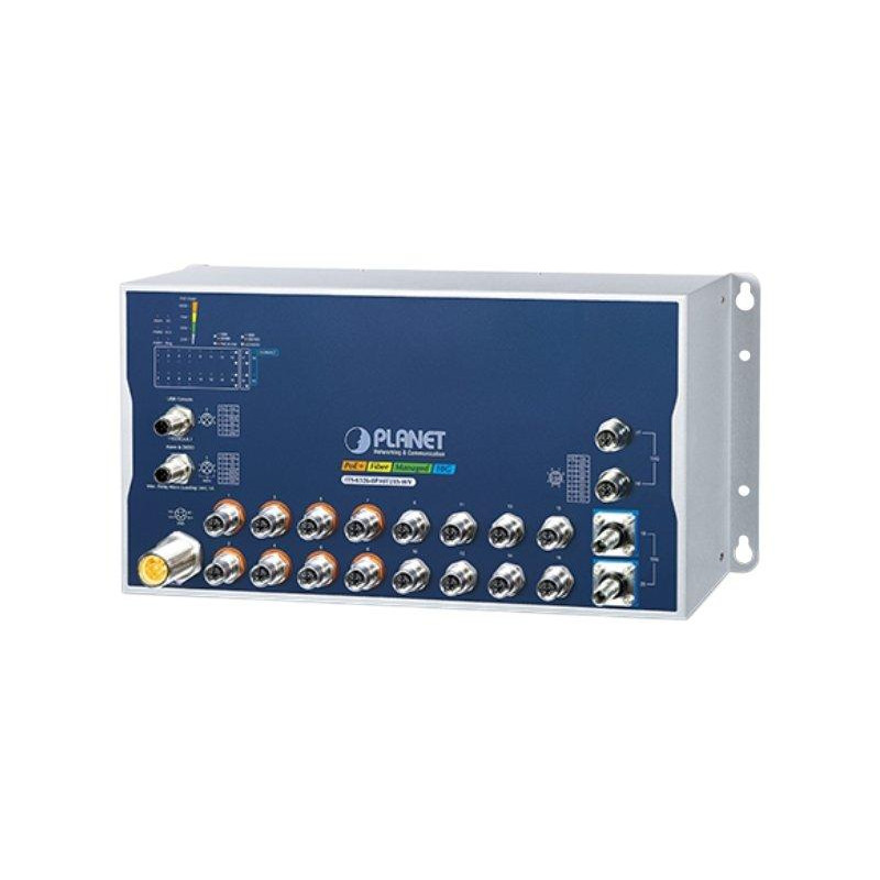 Planet Průmyslový PoE switch 8x Gb 802.3at, 8x Gb, 2x 10 Gb, M12 konektory, 2x 10G Q-ODC, IP50, -40+70°C, 24-110 VDC