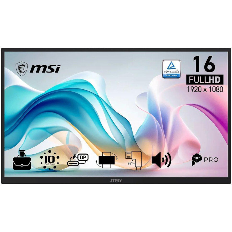 MSI PRO MP161E6T/ 15,6"/ 1920x1080/ IPS/ 4ms/ 60Hz/ 250cd/m2/ 1000:1/ dotykový/ HDMI/ VESA/ černý