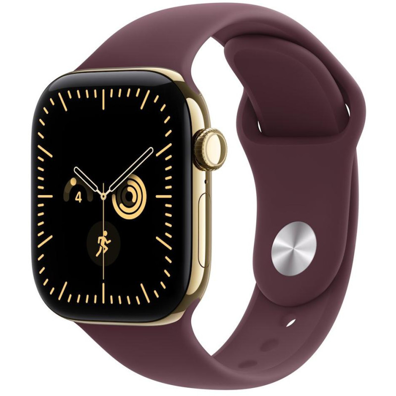 Apple Watch Series 12 Cellular 42mm zářivě zlatý titan s burgundsky červeným sportovním řemínkem - S/M