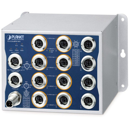Planet Průmyslový PoE switch 8x Gb 802.3at 100W, 4x Gb, IP50, -40~+70°C, 24-110VDC, M12 konektory