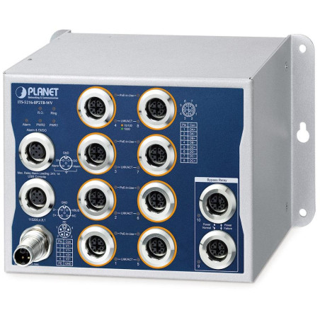 Planet Průmyslový PoE switch 8x Gb 802.3at 100W, 2x Gb Bypass, IP50, -40~+70°C, 24-110VDC, M12 konektory
