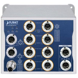 Planet Průmyslový PoE switch 8x Gb 802.3at 100W, 2x Gb Bypass, IP50, -40~+70°C, 24-110VDC, M12 konektory