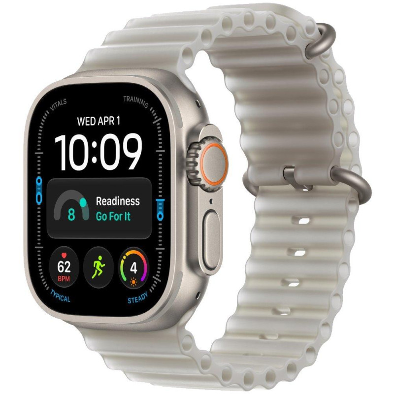 Apple Watch Ultra 4 Cellular 49mm přírodní titan s průsvitně šedým oceánským řemínkem