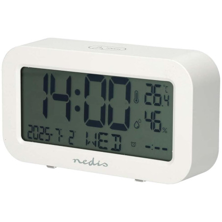 NEDIS digitální stolní budík/ LCD display/ podsvícení/ funkce odloženého buzení/ zobrazení data/ funkce časovače/ bílý