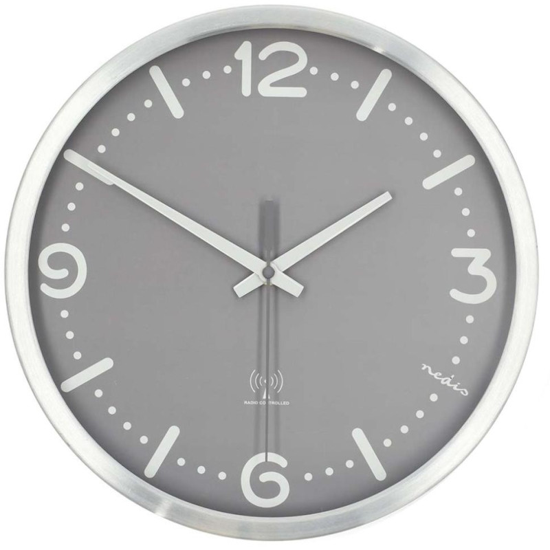 NEDIS nástěnné hodiny/ průměr 300 mm/ rádiem řízený čas/ tichý pohyb/ hliník/ šedé