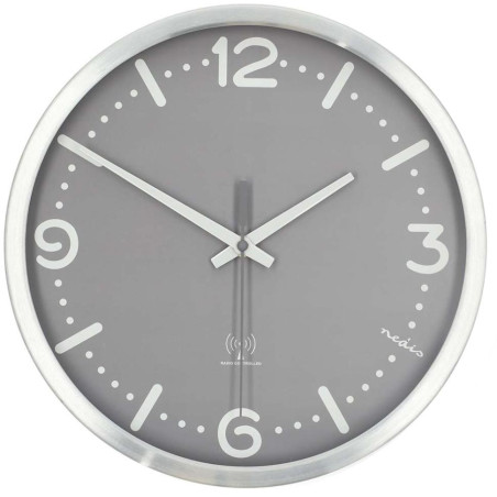 NEDIS nástěnné hodiny/ průměr 300 mm/ rádiem řízený čas/ tichý pohyb/ hliník/ šedé