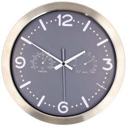 NEDIS nástěnné hodiny/ průměr 300 mm/ tichý pohyb/ teploměr/ vlhkoměr/ nerezová ocel/ šedé