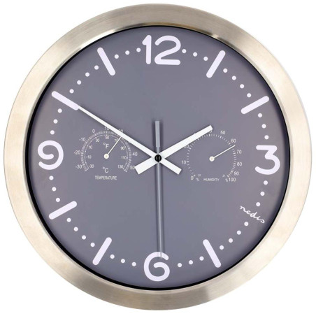 NEDIS nástěnné hodiny/ průměr 300 mm/ tichý pohyb/ teploměr/ vlhkoměr/ nerezová ocel/ šedé