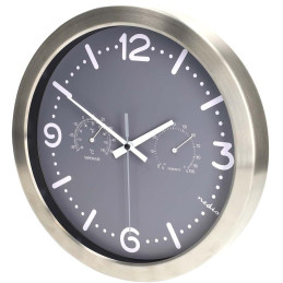 NEDIS nástěnné hodiny/ průměr 300 mm/ tichý pohyb/ teploměr/ vlhkoměr/ nerezová ocel/ šedé