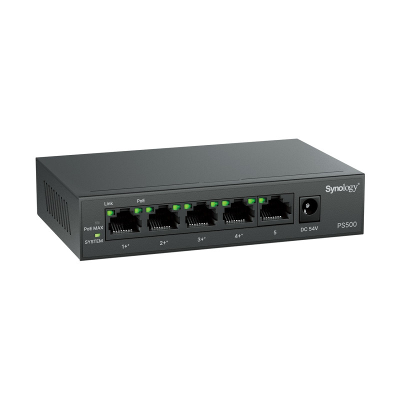 Synology PS500 switch - 5x 1Gb RJ-45 port, 4x PoE+ port, power budget 60W, bez ventilátoru