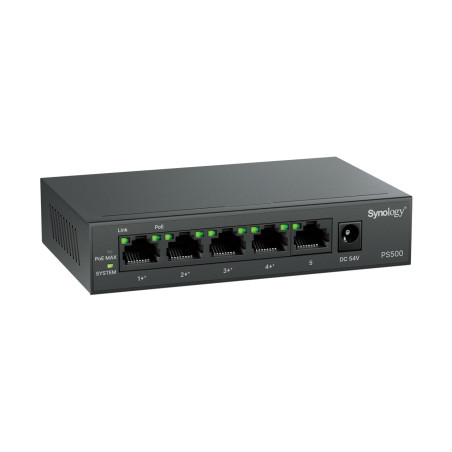 Synology PS500 switch - 5x 1Gb RJ-45 port, 4x PoE+ port, power budget 60W, bez ventilátoru