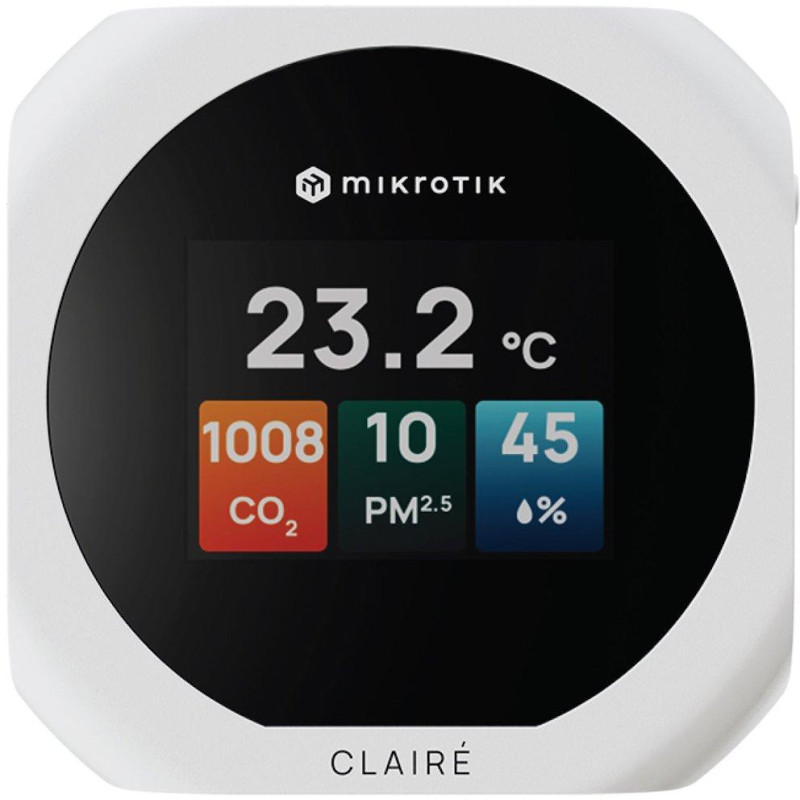 MikroTik CLAIRÉ, senzory CO2, PM2.5/10, teploty a vlhkosti, displej 2", podpora Matter i Thread, bílé