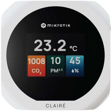 MikroTik CLAIRÉ, senzory CO2, PM2.5/10, teploty a vlhkosti, displej 2", podpora Matter i Thread, bílé