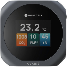 MikroTik CLAIRÉ, senzory CO2, PM2.5/10, teploty a vlhkosti, displej 2", podpora Matter i Thread, šedé