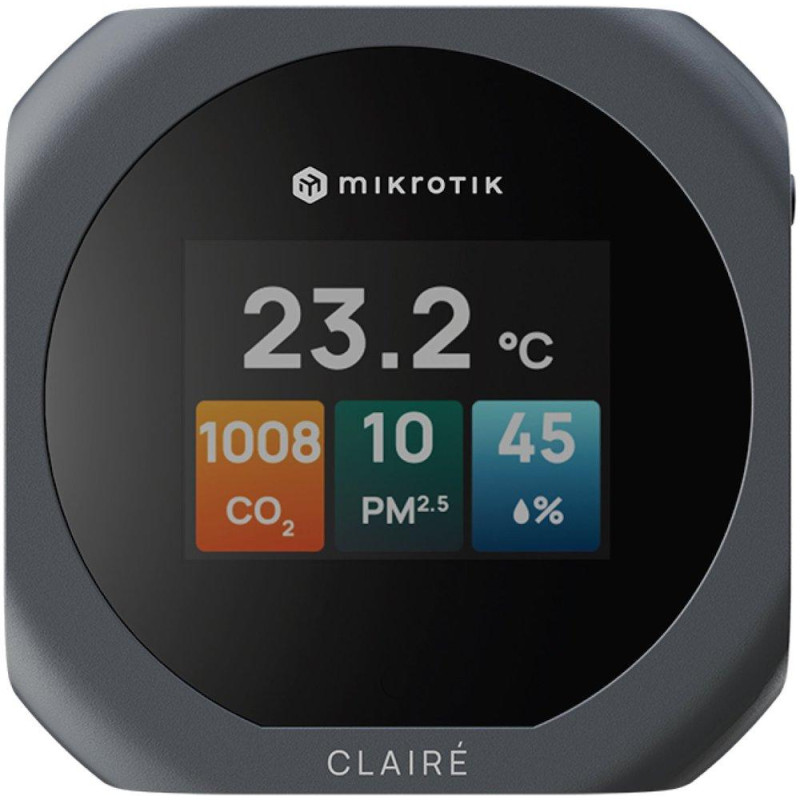 MikroTik CLAIRÉ, senzory CO2, PM2.5/10, teploty a vlhkosti, displej 2", podpora Matter i Thread, šedé