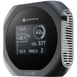 MikroTik CLAIRÉ, senzory CO2, PM2.5/10, teploty a vlhkosti, displej 2", podpora Matter i Thread, šedé