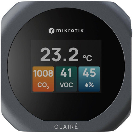 MikroTik CLAIRÉ Lite, senzory CO2, teploty a vlhkosti, displej 2", podpora Matter i Thread, šedé