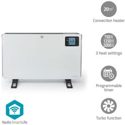 NEDIS Wi-Fi chytré konvekční topné těleso/ termostat/ 3 nastavení teploty/ LCD/ 5 - 37 °C/ výkon 2000 W/ bílé