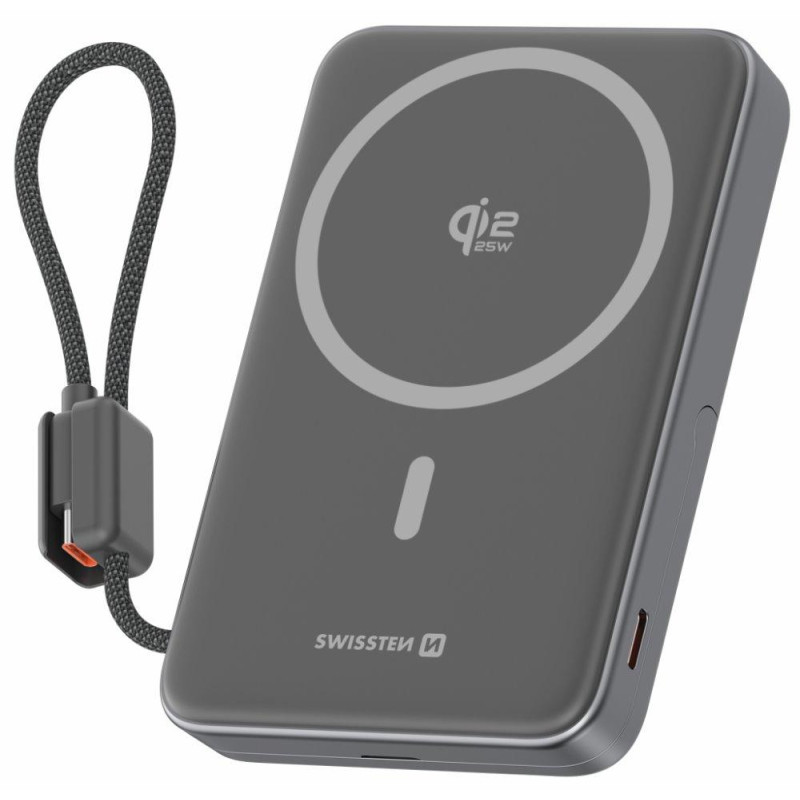 Swissten Semi-Solid Power Bank 10000 mAh, 45 W s integrovaným kabelem USB-C (Qi2.2, 25 W, kompatibilní s MagSafe)
