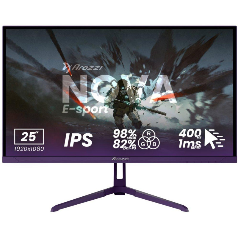 AROZZI NOVA herní monitor 24,5" 25T1K400 Purple/ LED/ IPS/ 1920x1080/ 400Hz/ 1000:1/ 1ms/ 2xHDMI/ 2xDP/ fialový